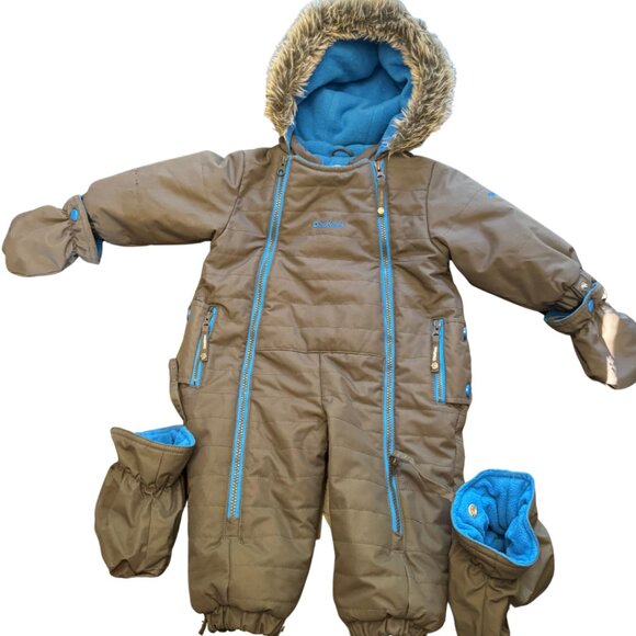 OshKosh Baby Snowsuit 12M Gray One Piece Bunting Suit Fur Hood Mittens Winter - Picture 1 of 3